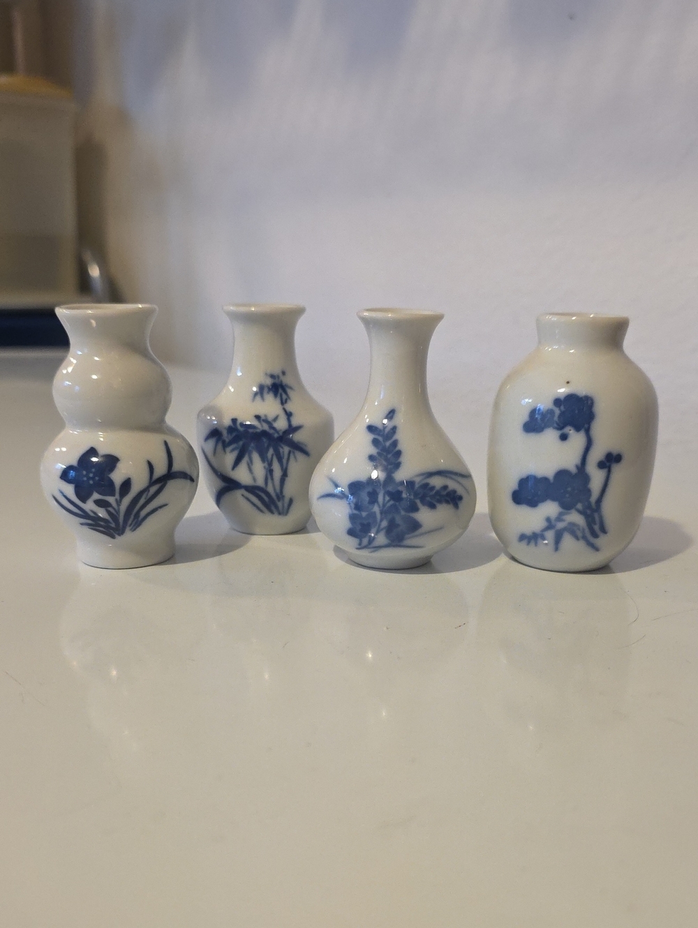 Set of 4 Mini Blue and White Porcelain Bud Vases